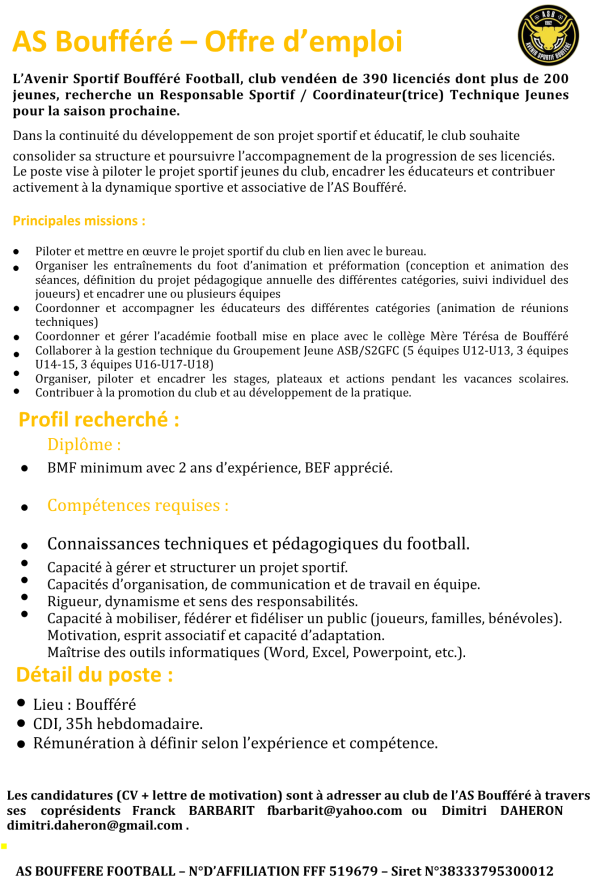 RECHERCHE RESPONSABLE SPORTIF